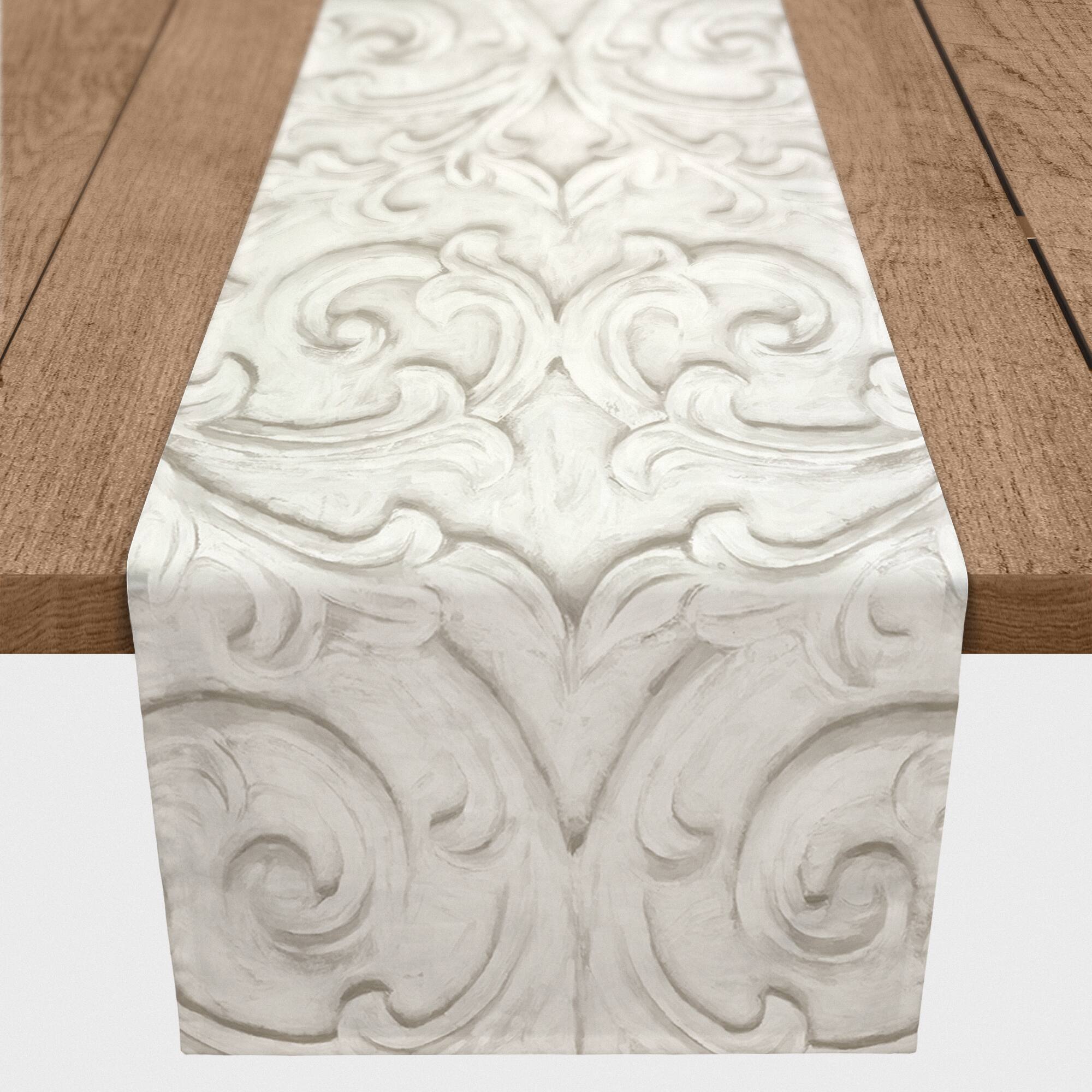 72" White Ornate Carved Pattern Cotton Twill Table Runner